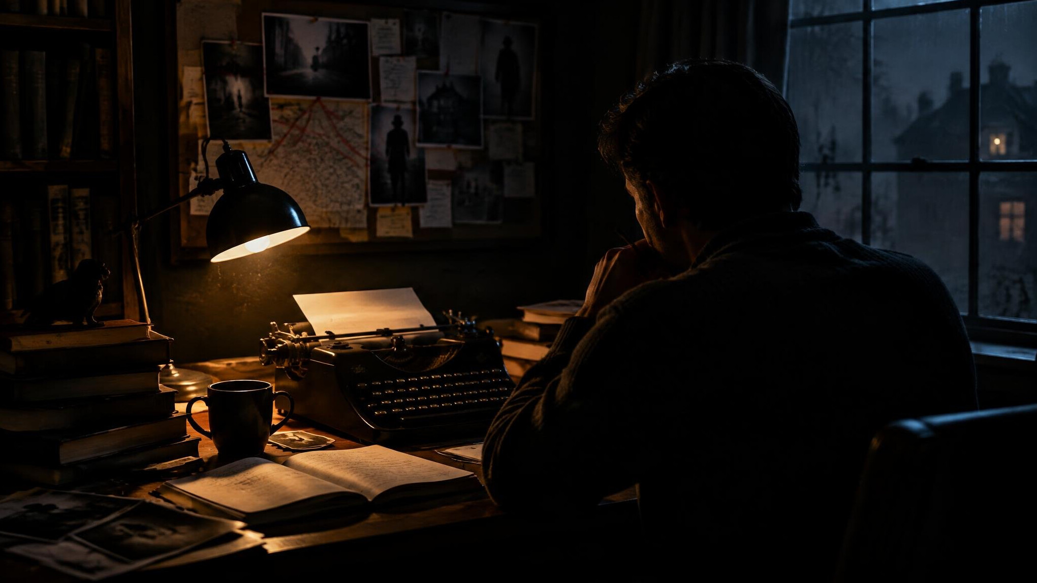 mystery writer at desk