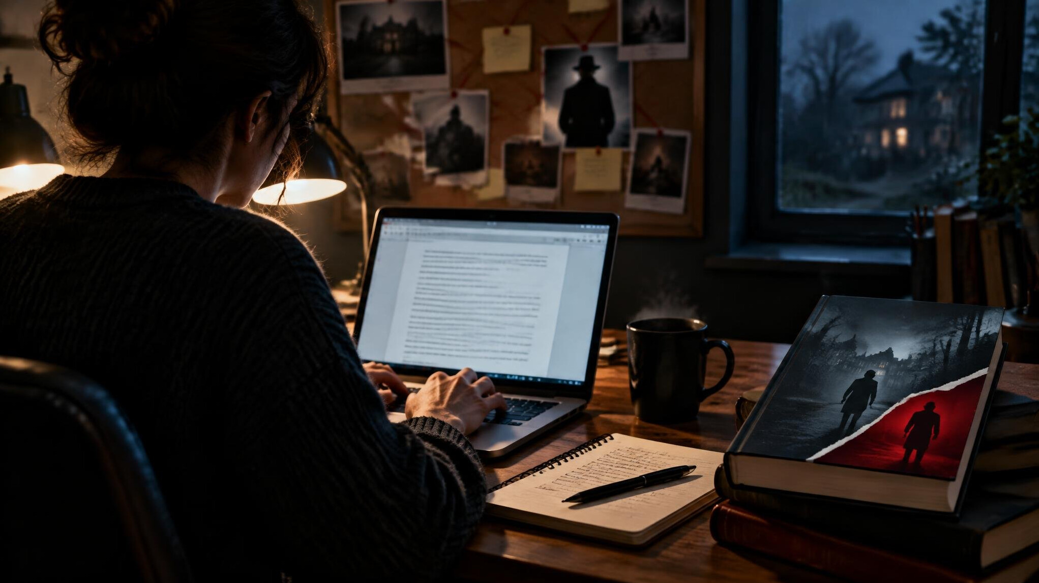 mystery writer at desk
