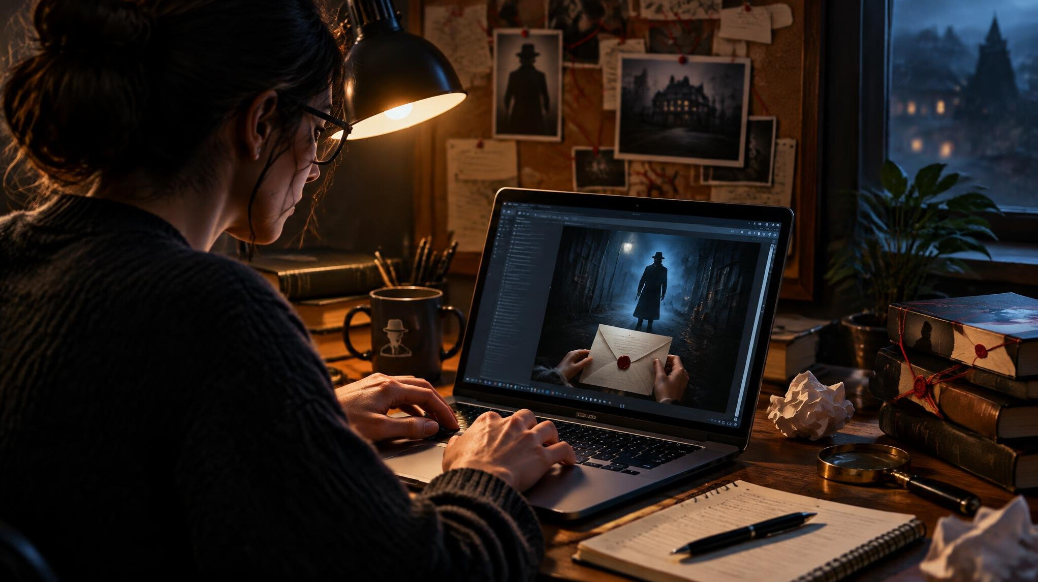 mystery writer at desk
