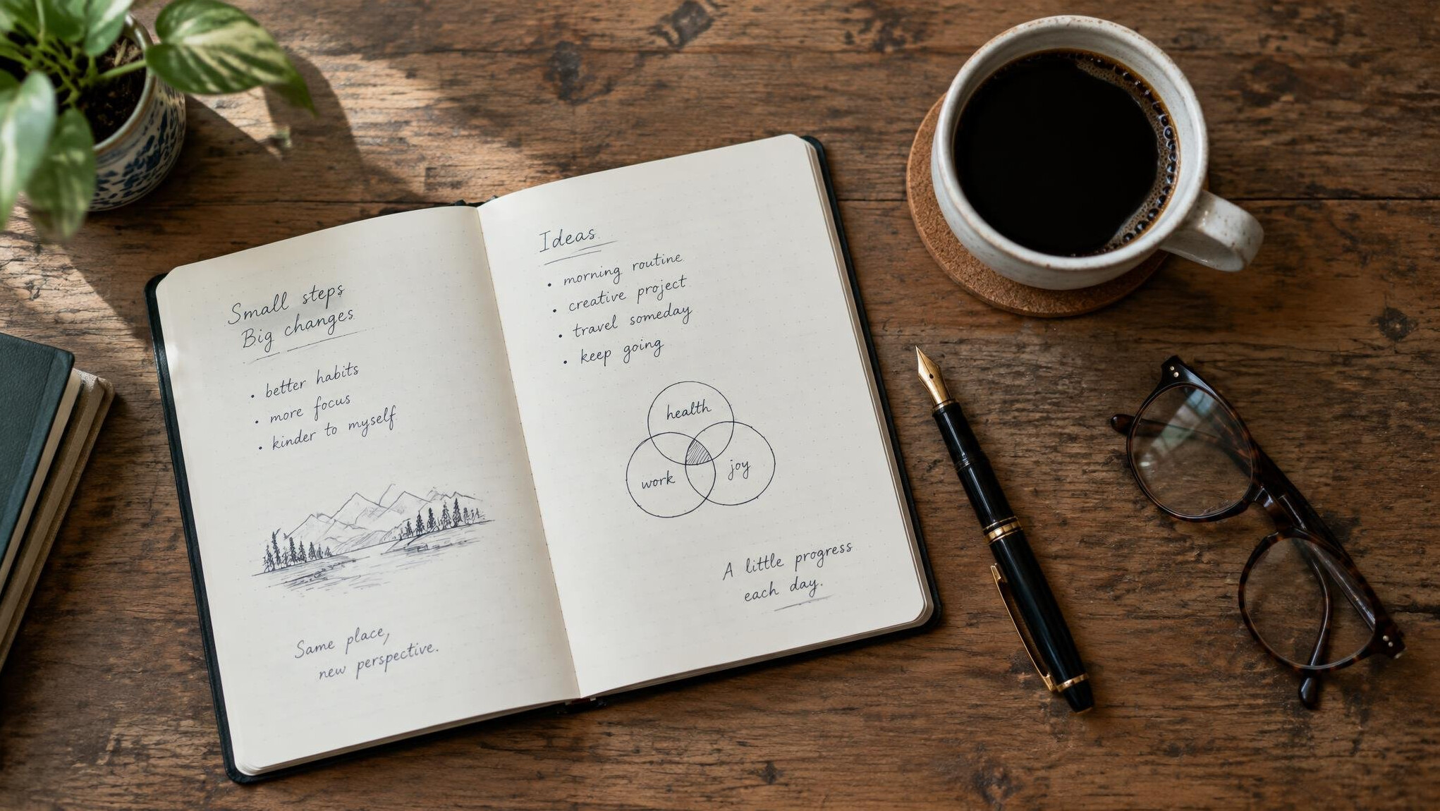 Overhead view of a notebook, coffee cup and pen on a wooden desk