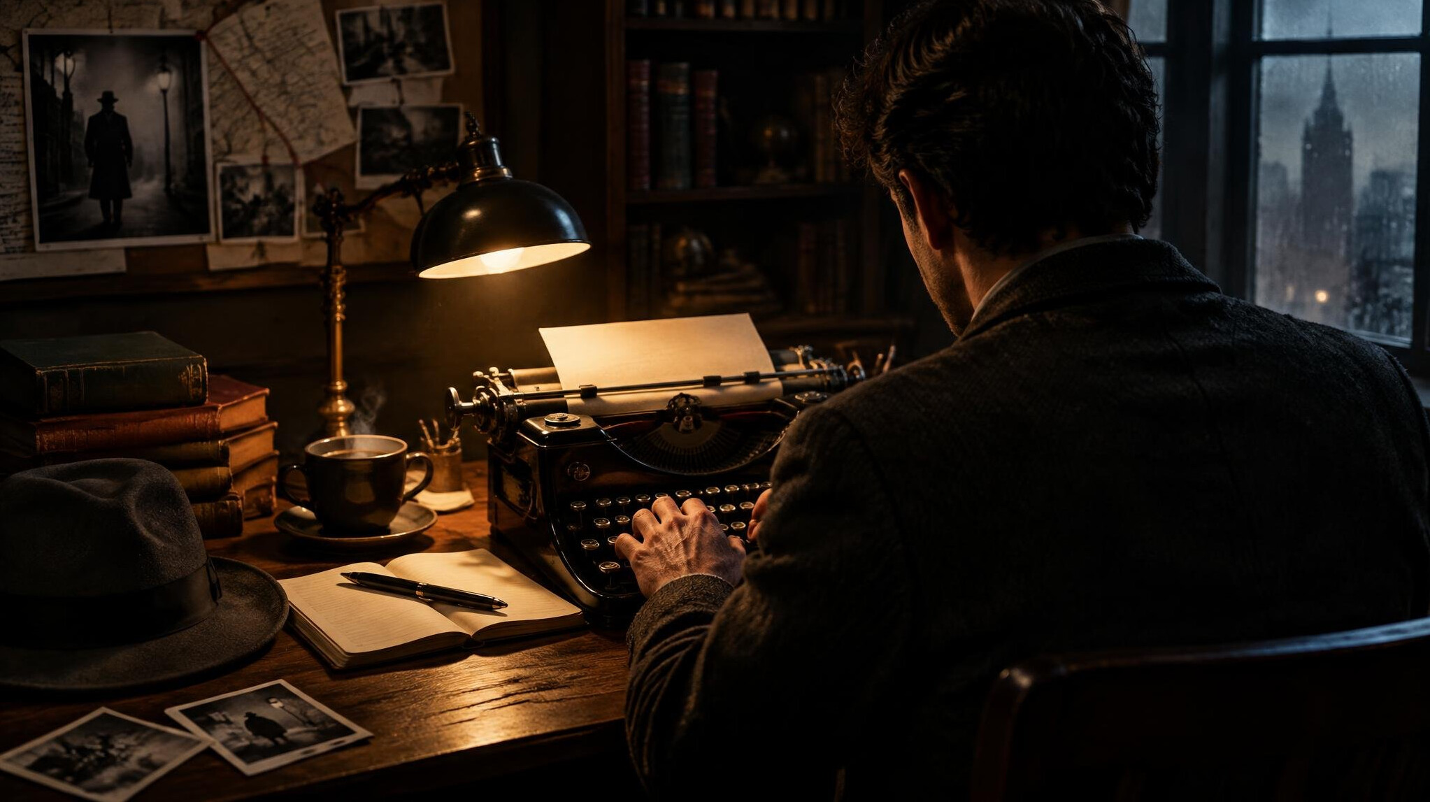 mystery writer at desk