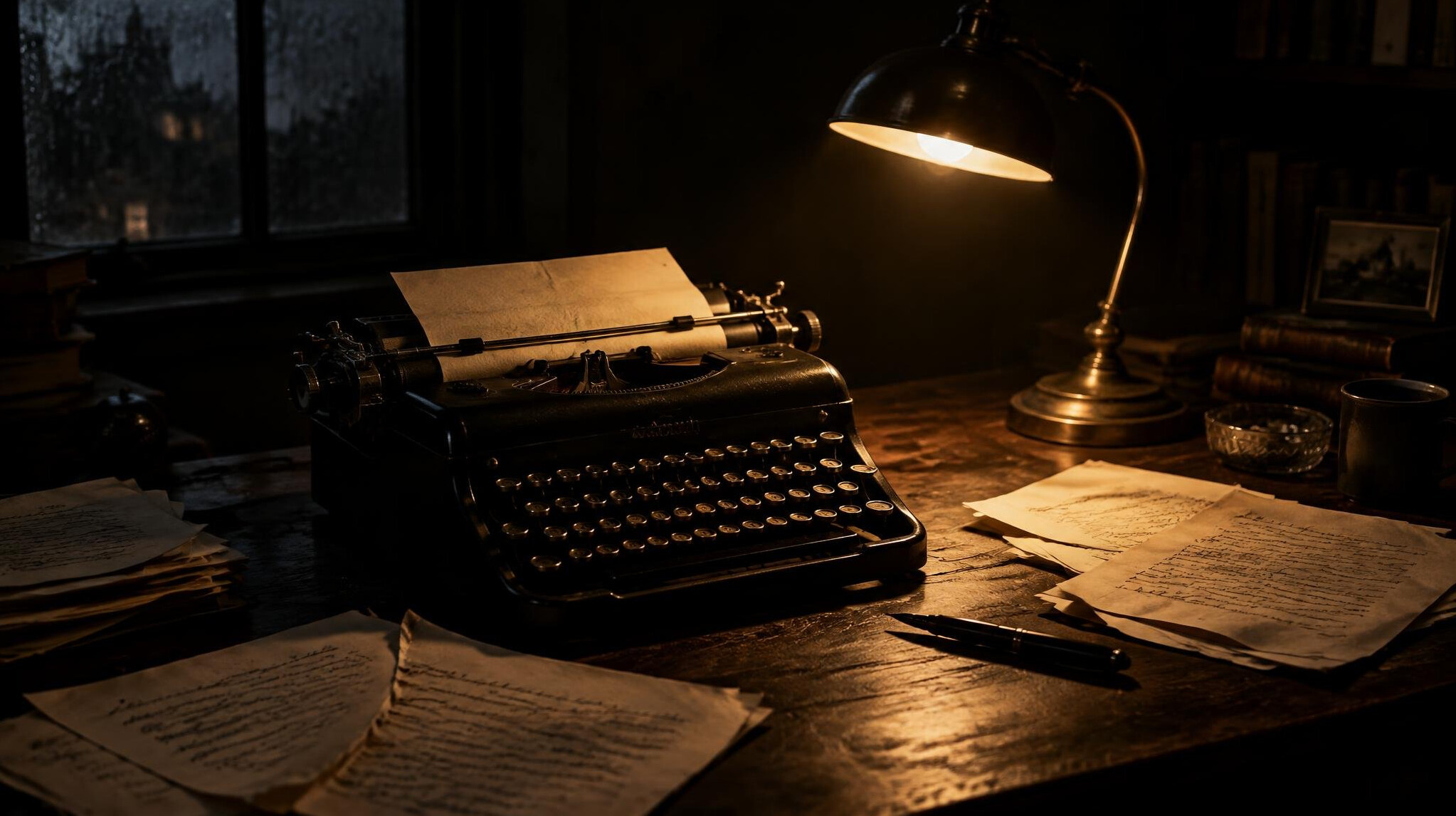 Old typewriter and manuscript pages on a dark wooden desk