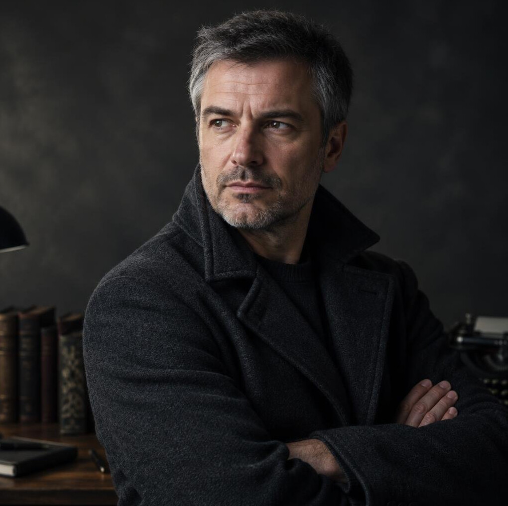 Portrait of a Croatian mystery writer in his forties wearing a dark coat
