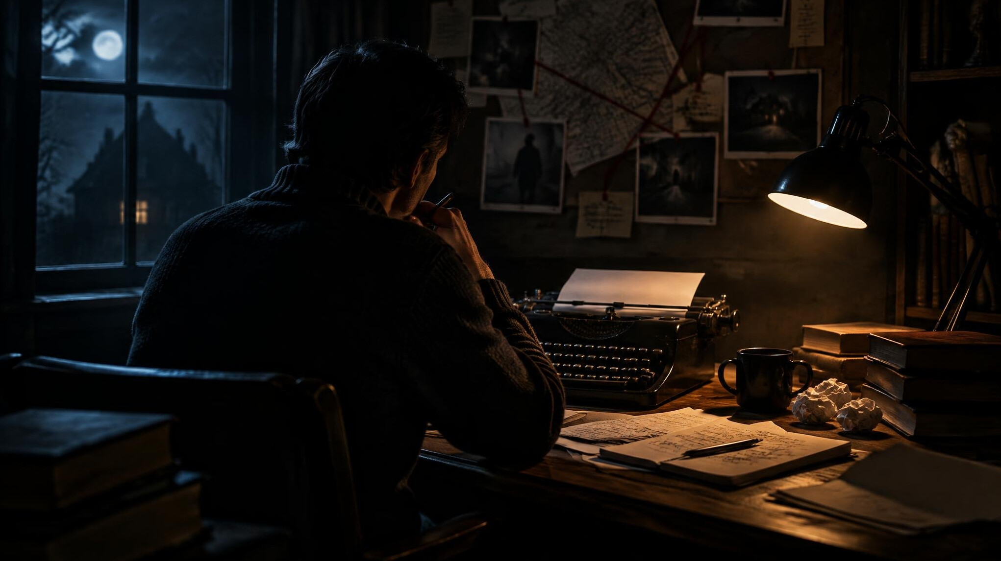 mystery writer at desk