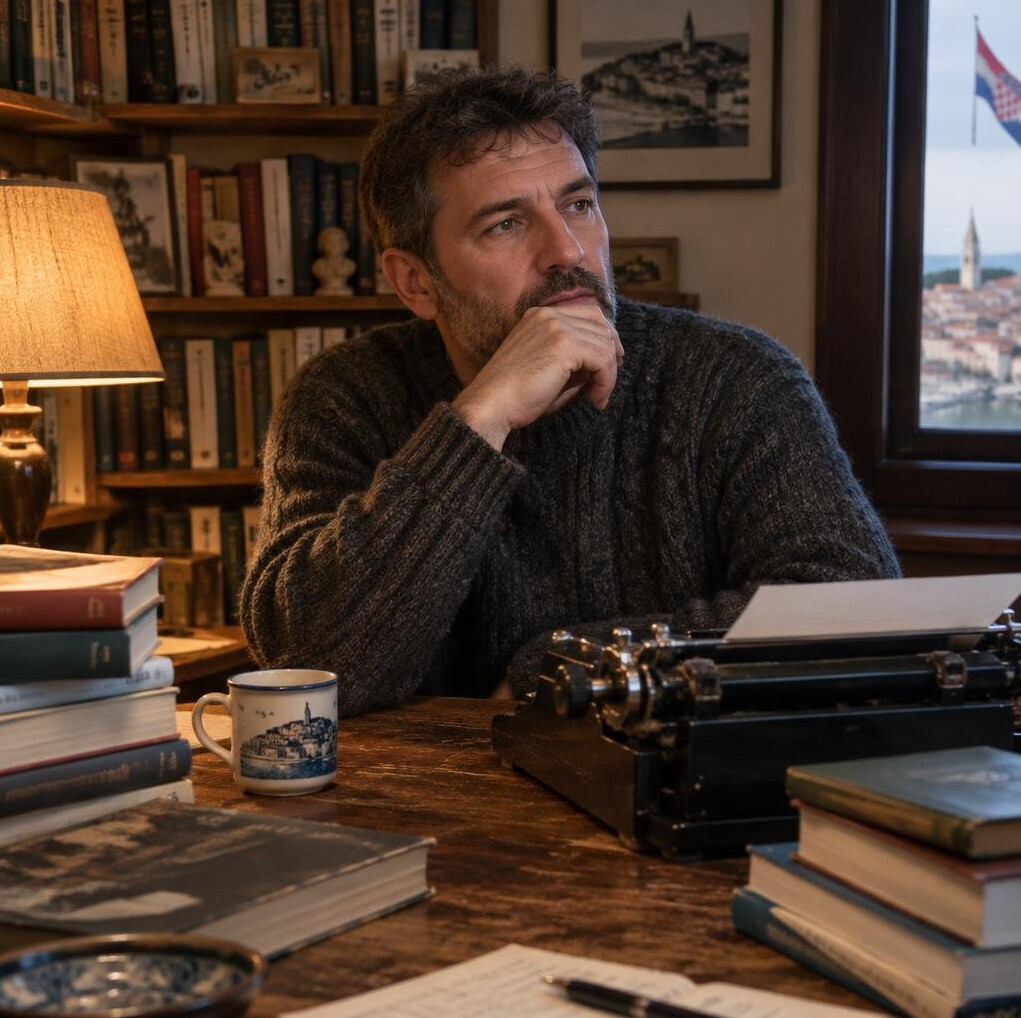 Croatian author sitting at a wooden desk surrounded by books