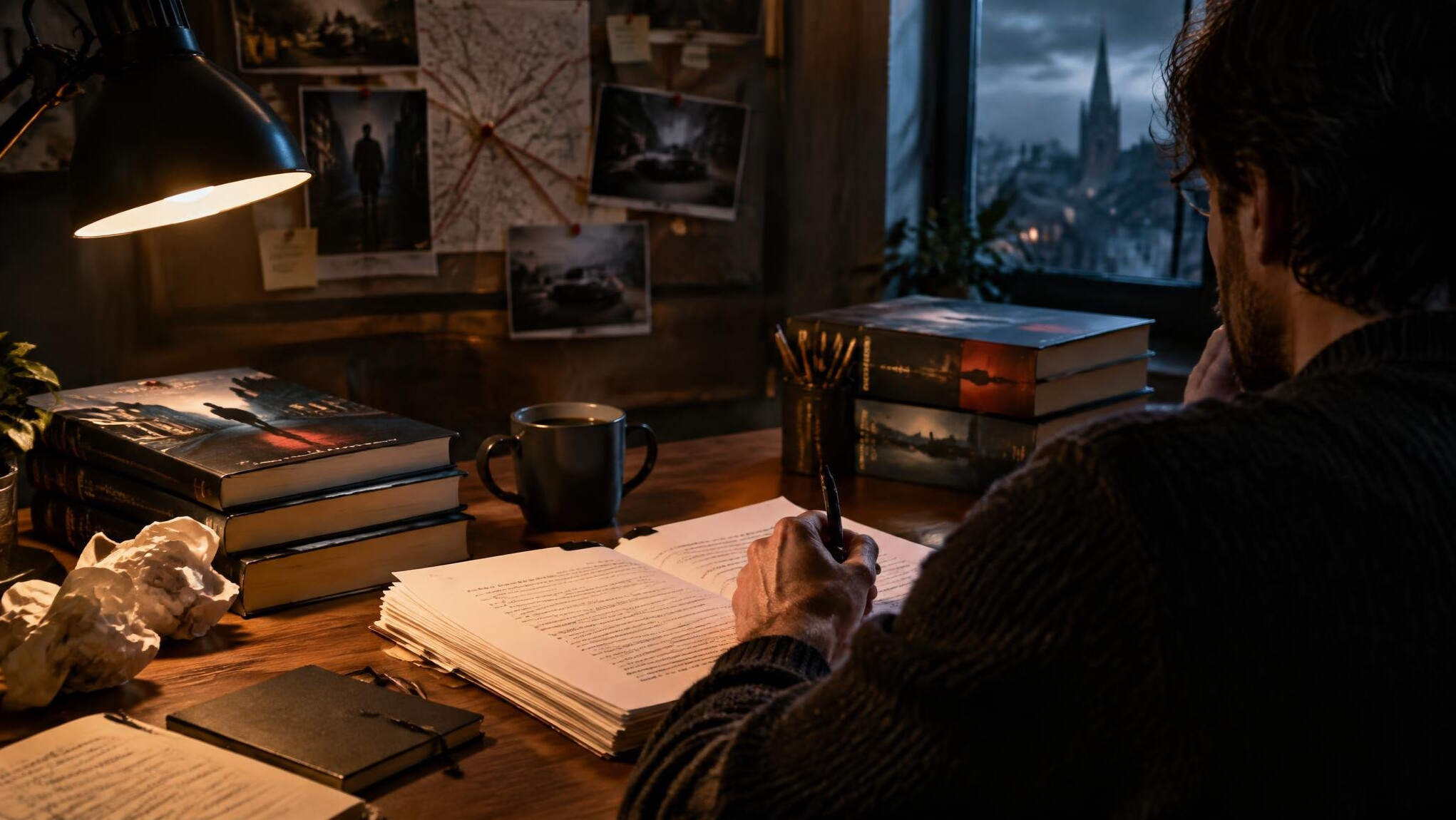 mystery writer at desk